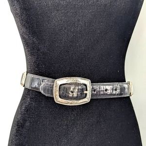 Brighton Y2K Vintage Black and Brown Leather Wide Silver Buckle Belt S